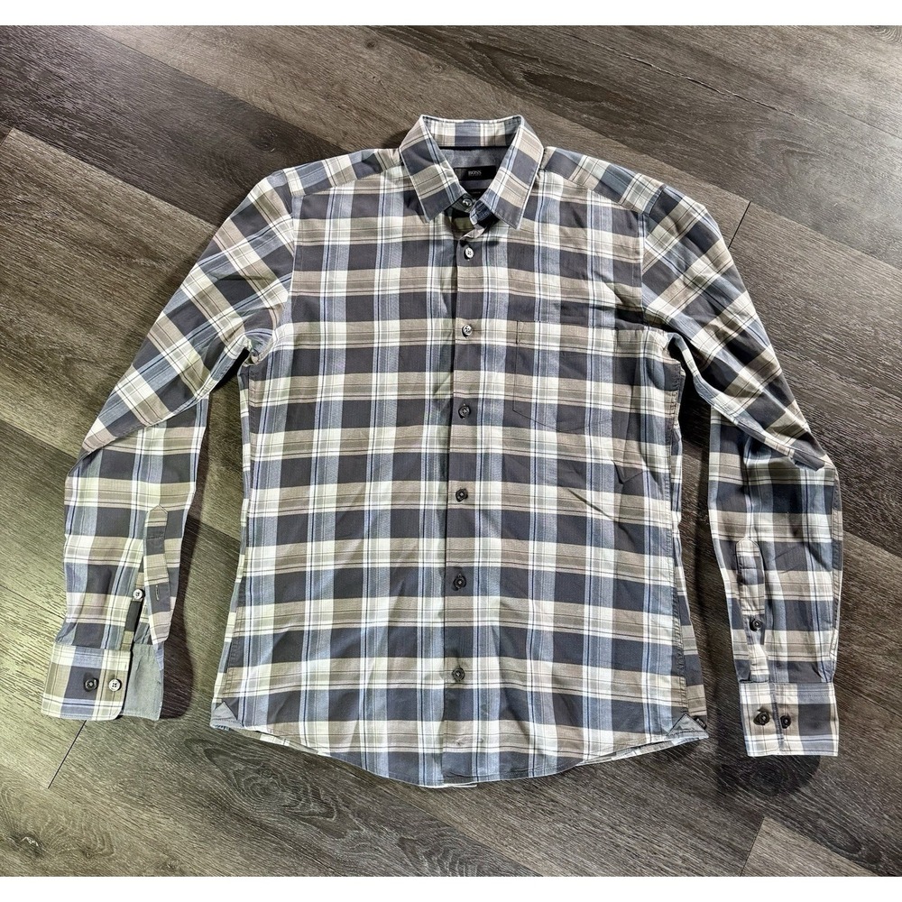 Hugo Boss Slim Fit Long Sleeve‎ Button Down Gray Plaid Men's Small